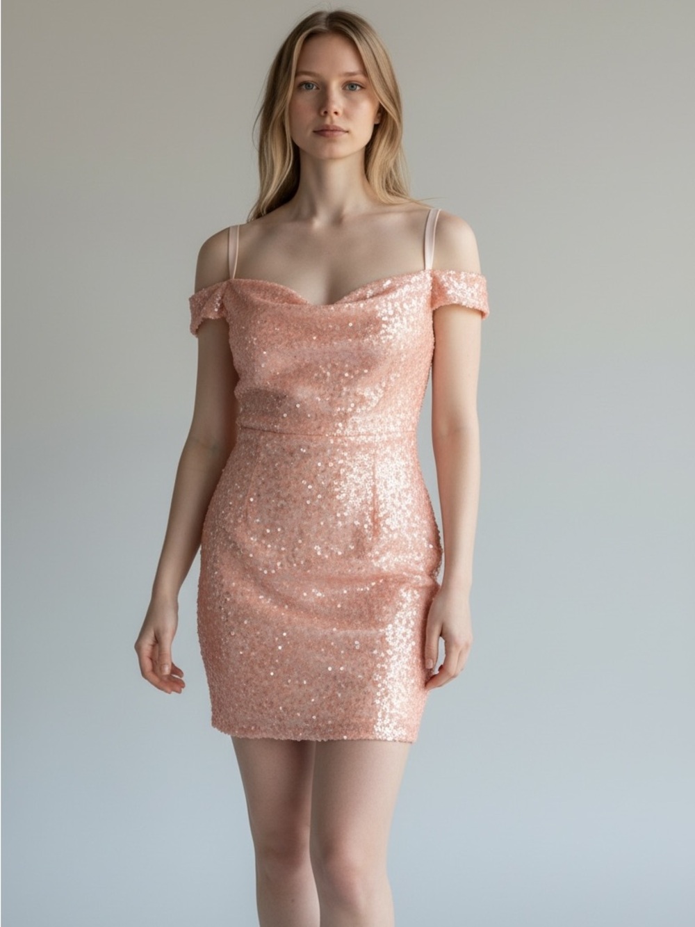 Adrianna Papell Rose Gold Sequin Off-Shoulder Mini Dress
